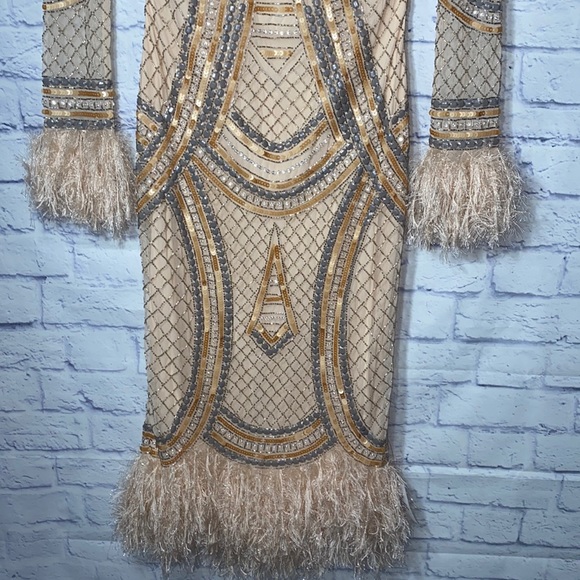 ASOS - DESIGN Embellished sequin midi dress w/ faux feather trims in gold ✨NWT - Picture 10 of 16
